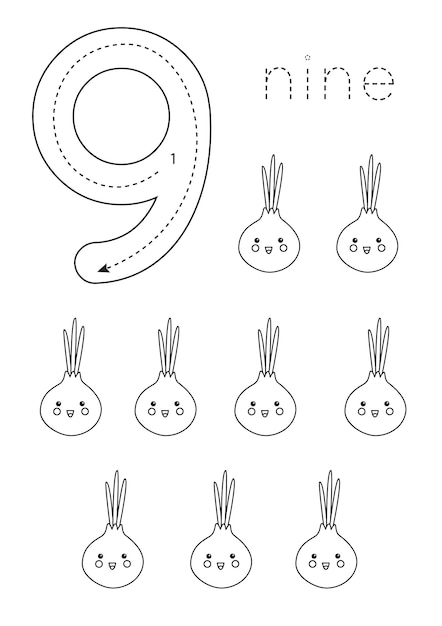 Flashcard preto e branco com o número nove planilha com legumes fofos