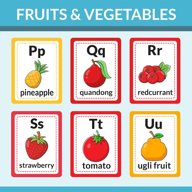 Flashcards de frutas e legumes para introdução de alfabetos e ilustração vetorial de vocabulário