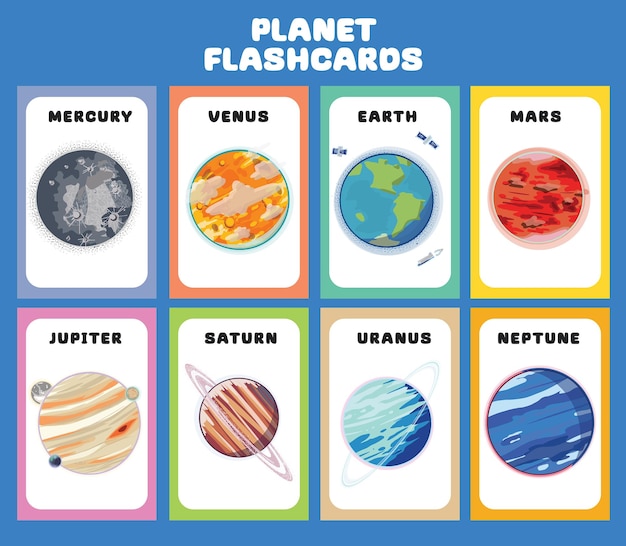 Flashcards de planetas no sistema solar para crianças aprendendo sobre planetas, sistema solar e espaço