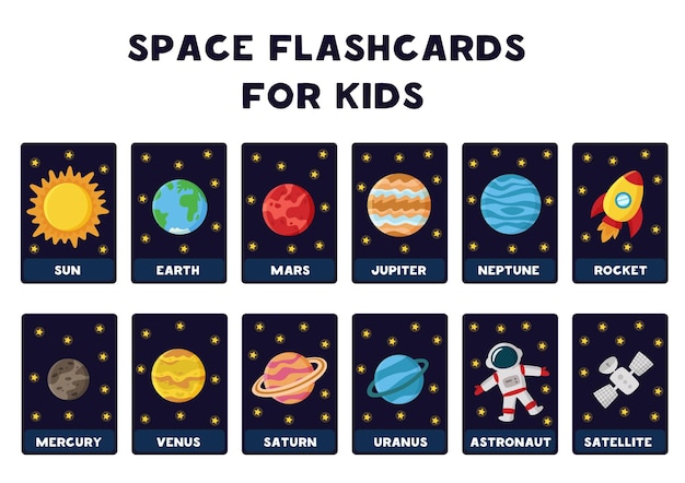 Flashcards do espaço para crianças. ilustrações de planetas do sistema solar com seus nomes.