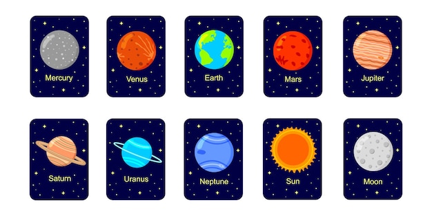 Flashcards do sistema solar para crianças planetas sol e lua com nomes em fundo estrelado escuro