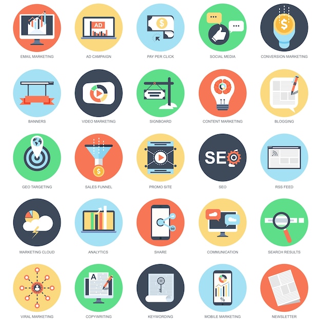 Flat conceptual icon set de digital, video, marketing viral