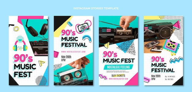 Vetor flat design histórias do instagram do festival de música dos anos 90