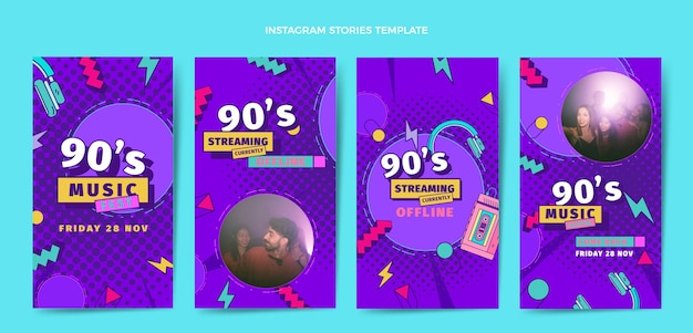 Flat design histórias do instagram do festival de música dos anos 90