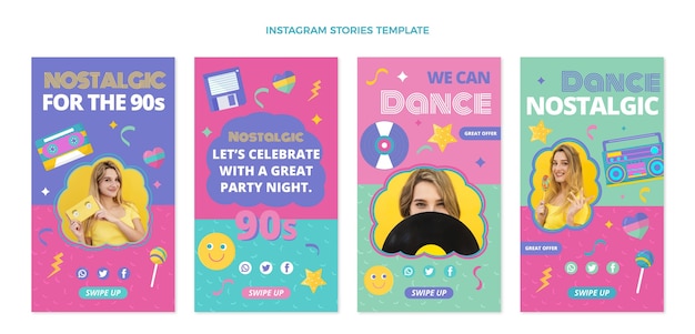 Flat design histórias do instagram do festival de música dos anos 90