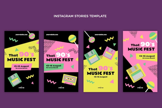 Vetor flat design histórias do instagram do festival de música dos anos 90