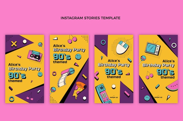 Flat design histórias nostálgicas do instagram do aniversário dos anos 90