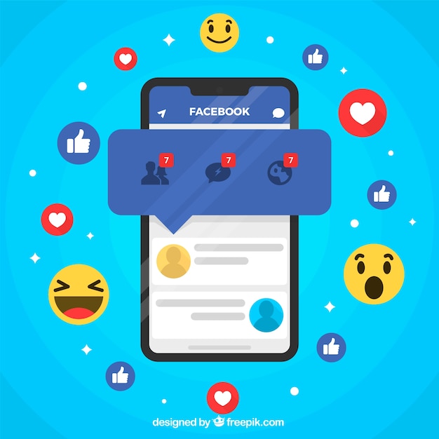 Vetor flat mobile com notificações do facebook e emojis
