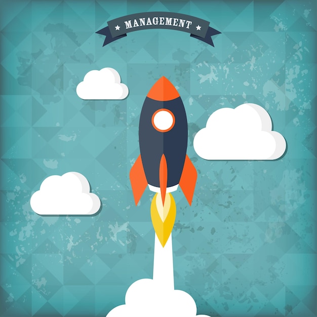 Vetor flat rocket icon startup concept projeto de desenvolvimento de fundo vintage