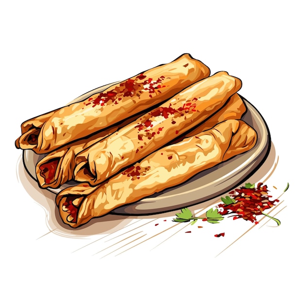 Flautas douradas e crocantes com ilustração vetorial de salsa