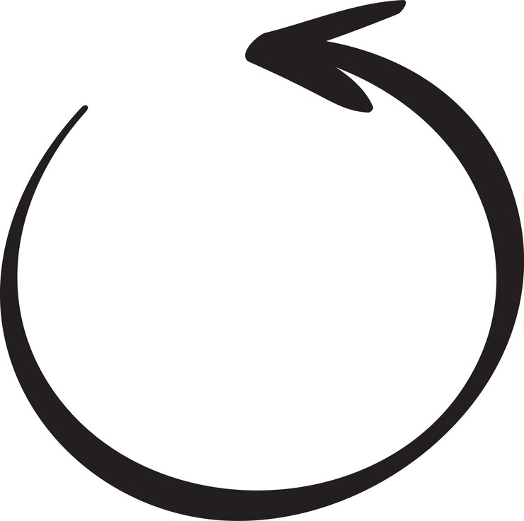 Vetor flecha circular desenhada à mão completando uma volta completa de 360 graus representando um ciclo interminável de renovação, repetição e movimento contínuo dentro de um simples design moderno