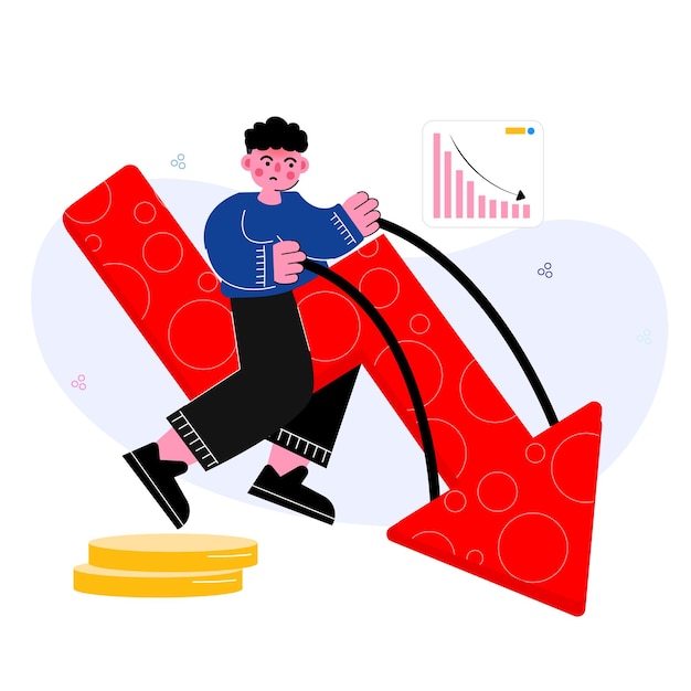flecha desce em um gráfico de negócios e finanças ilustração