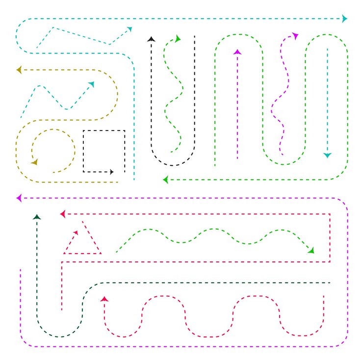 Vetor flechas de linha pontilhada estilo de ponto limpo desenhado à mão set de flechas de rabiscos de linhas pontilhadas