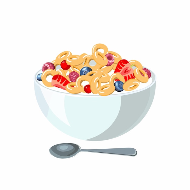Flocos de milho com leite no café da manhã clássico de hotéis. Brunch com comida saudável de opções para o dia de início de dia. Ilustração vetorial