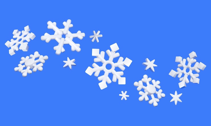 Vetor flocos de neve brancos em 3d em fundo azul