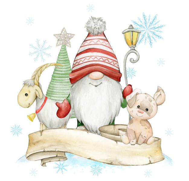 flocos de neve de cabra de porco de gnomos clipart de Natal pintado em aquarela à mão em um fundo isolado