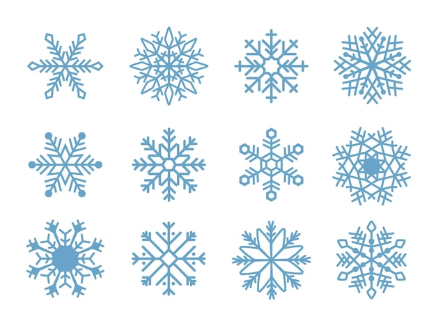 Flocos de neve de férias de design plano isolam em ilustração vetorial de fundo azul