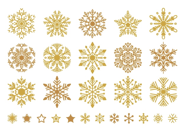 Flocos de neve dourados com cristais de neve plana de Natal