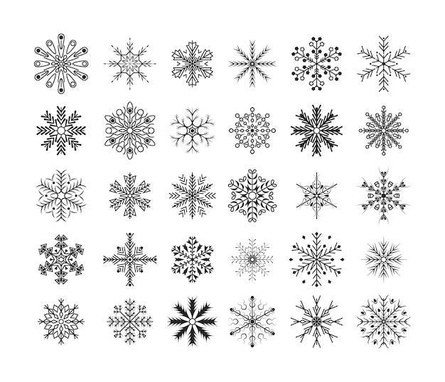 Flocos de neve pretos de linha design plano conjunto de elementos de decoração de Natal e ano novo. Bom elemento para banner de Natal, cartões postais. Elemento de cristal de flocos de neve do inverno.