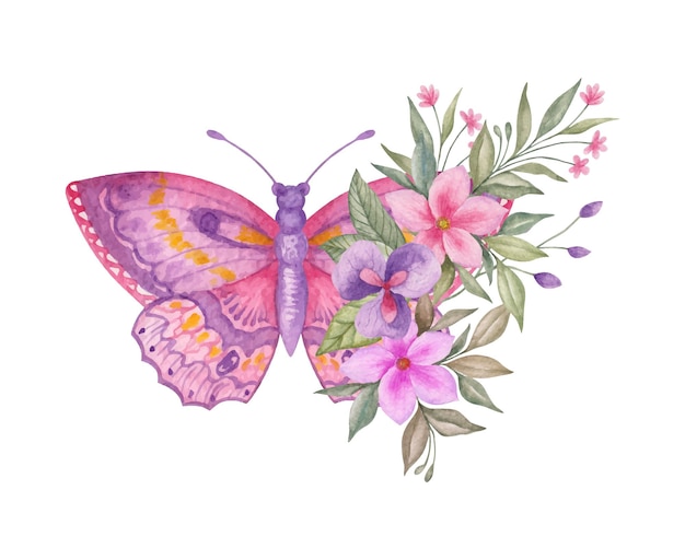 Flor aquarela e buquê de folhas com borboleta ornamental