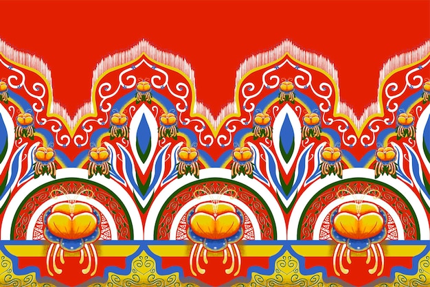 Flor azul amarela em laranja vermelho padrão oriental étnico geométrico tradicional design para fundotapetepapel de parederoupasembrulhobatikestilo de bordado de ilustração vetorial de tecido