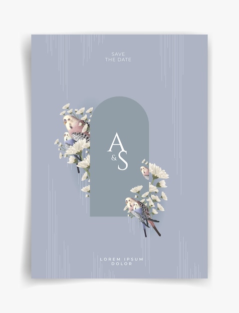 Flor branca e pássaro em fundo azul Cartão de casamento ou cartão de convite Cartão de casamento de natureza Modelo de cartão de casamento de capa de natureza