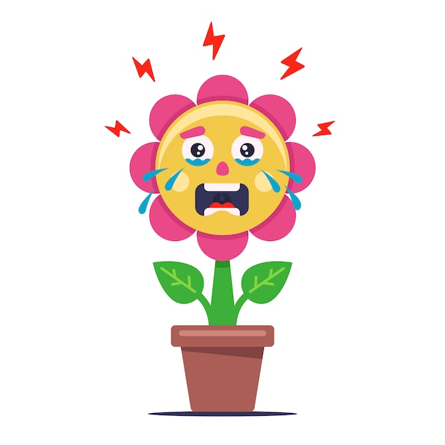 Flor chorando de má ecologia. a planta está doente e murcha. ilustração de personagem plana.