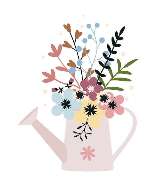 Flor com regador de folhas com buquê floral Flores vetoriais Arte da primavera Elemento do dia da mulher feliz Páscoa Cartazes de estilo popular para as férias de primavera isoladas no fundo branco