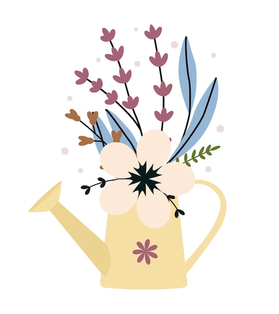 Flor com regador de folhas com buquê floral Flores vetoriais Arte da primavera Elemento do dia da mulher feliz Páscoa Cartazes de estilo popular para as férias de primavera isoladas no fundo branco