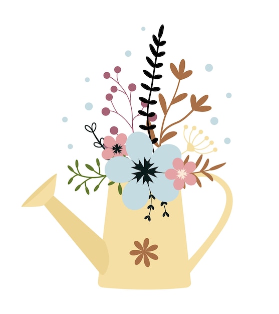 Flor com regador de folhas com buquê floral Flores vetoriais Arte da primavera Elemento do dia da mulher feliz Páscoa Cartazes de estilo popular para as férias de primavera isoladas no fundo branco