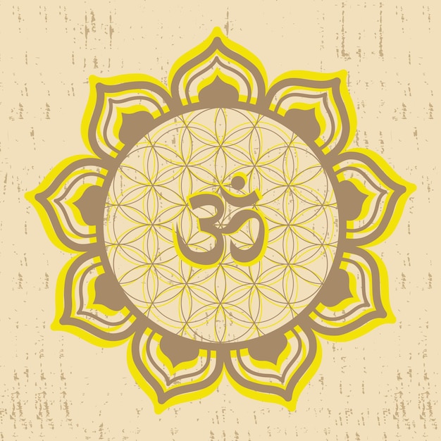 Vetor flor da vida e símbolo om para meditação e decoração de parede ilustração em vetor de mandala