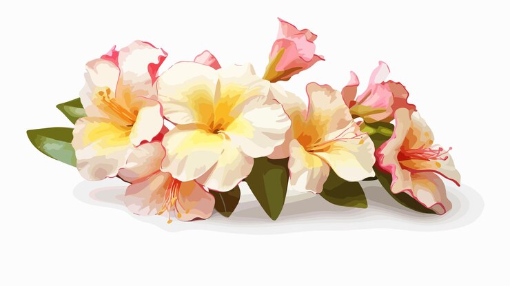 Vetor flor de adênio vibrante com pétalas e folhas brancas, amarelas e rosas
