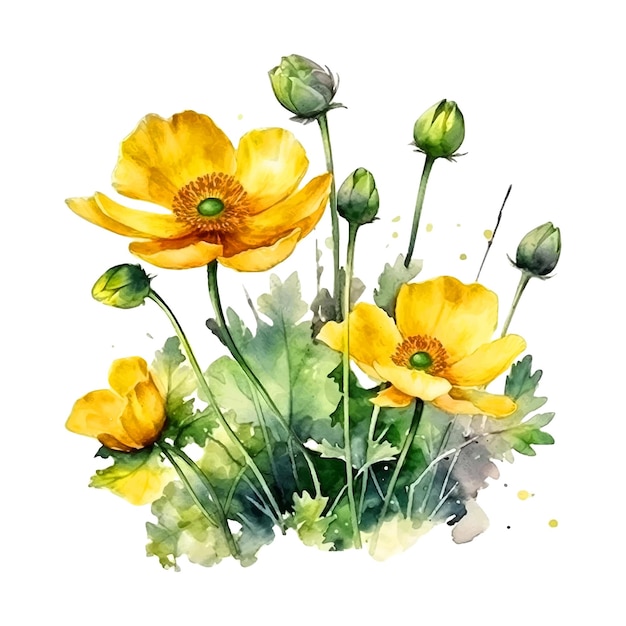 Flor de botão de ouro tinta aquarela