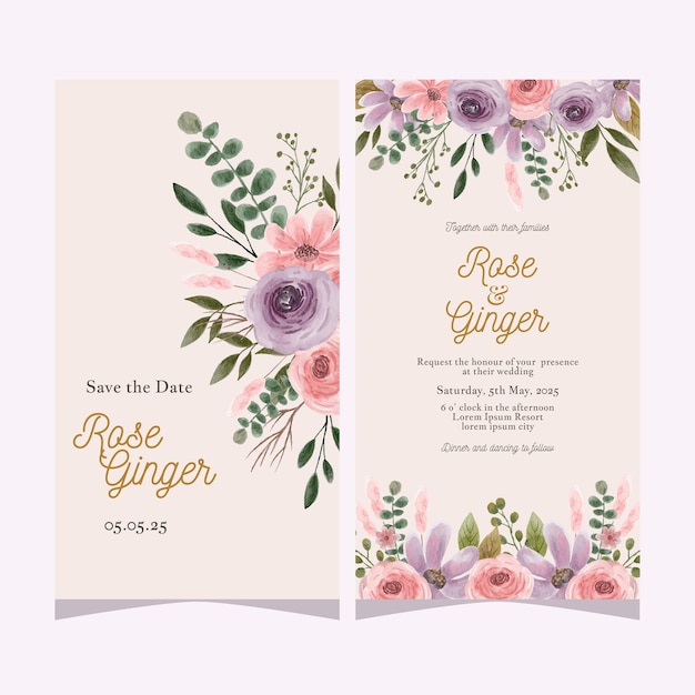 Flor de cartão de casamento com aquarela de flores rústicas