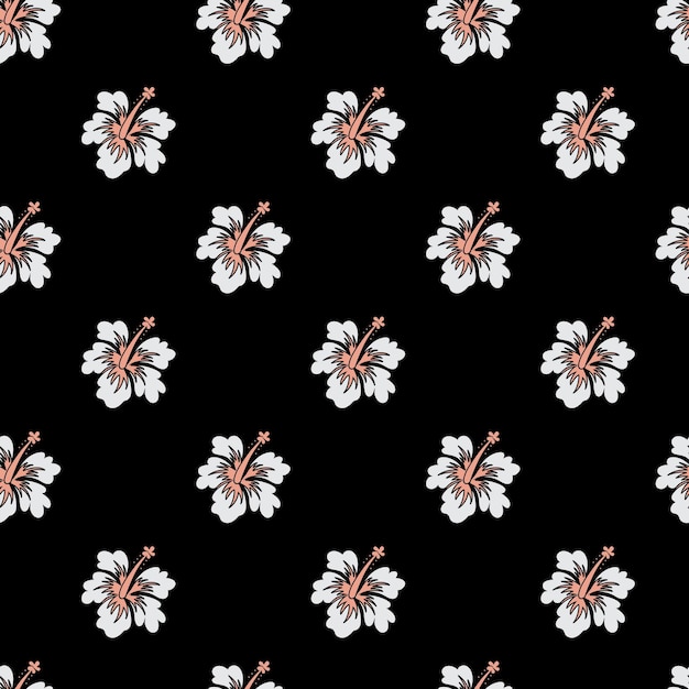 Flor de hibisco branco com fundo preto Seamless Pattern Design