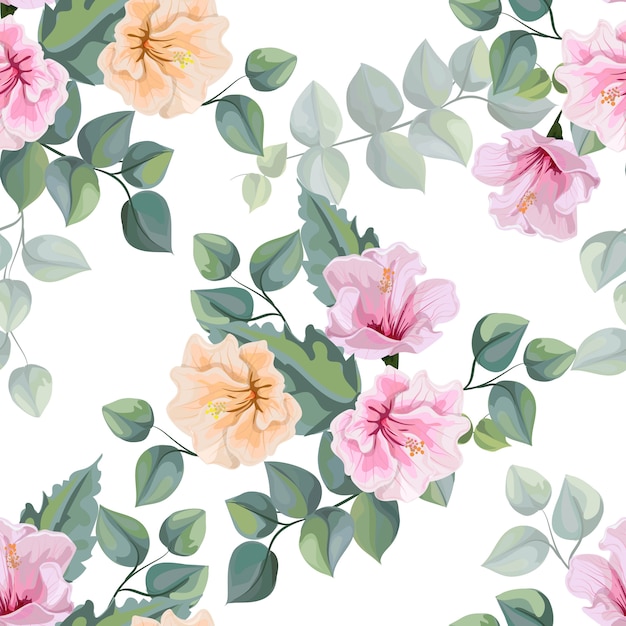 Flor de hibisco e tropical deixa ilustração vetorial de padrão sem emenda