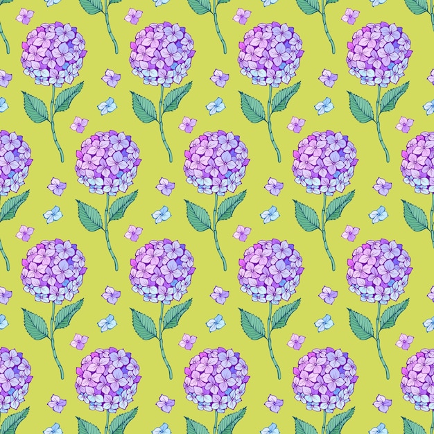 Flor de hortênsia sem costura Padrão de pétalas violetas roxas caule e folhas Ilustração vetorial Textura para papel de parede têxtil de tecido impresso