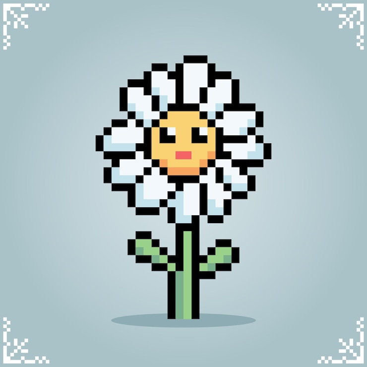 Vetor flor de margarida kawaii em arte de pixel de 8 bits para o recurso do jogo e ponto cruzado no vetor de ilustração