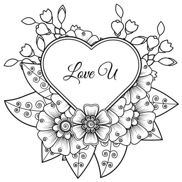 Flor de mehndi com moldura em forma de coração decoração em ornamento étnico oriental doodle