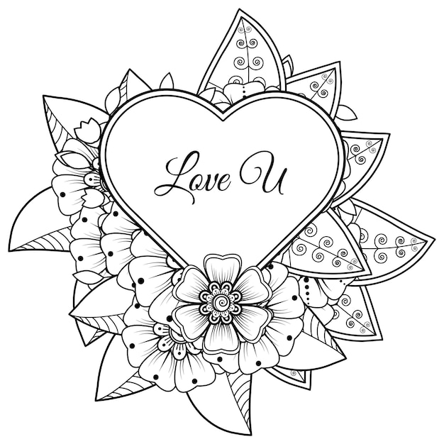 Flor de mehndi com moldura em forma de coração decoração em ornamento étnico oriental doodle