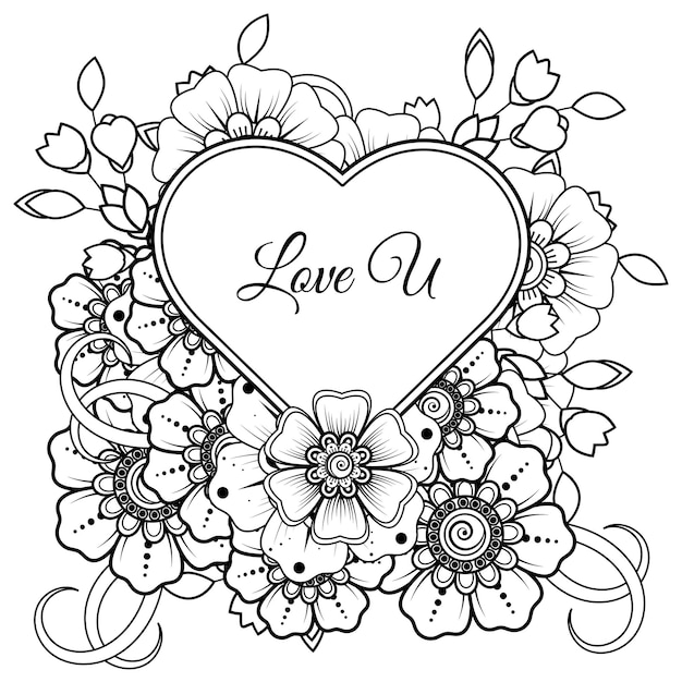 Flor de mehndi com moldura em forma de coração decoração em ornamento étnico oriental doodle