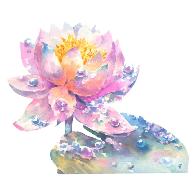 Flor de nenúfar aquarela rosa com folhas e gotas de orvalho, isoladas no fundo branco.