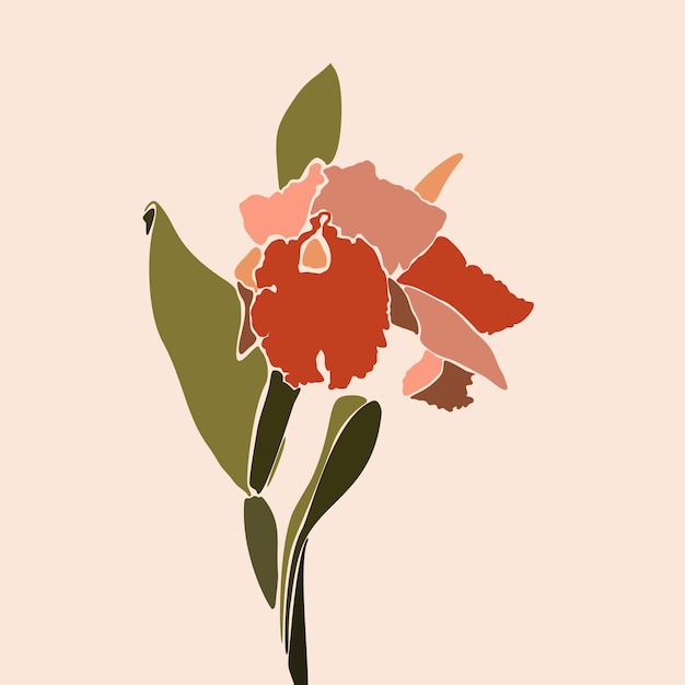 Flor de orquídea de colagem de arte em um estilo minimalista e moderno. silhueta de plantas de orquídea em um estilo abstrato simples contemporâneo em um fundo rosa. ilustração vetorial para impressão de camisetas, cartão, pôster