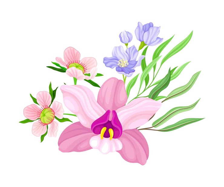 Vetor flor de orquídea roxa com labelo arranjado com galhos florais ilustração vetorial