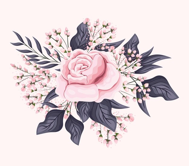 Flor de rosa com folhas desenho de pintura natural floral natureza planta