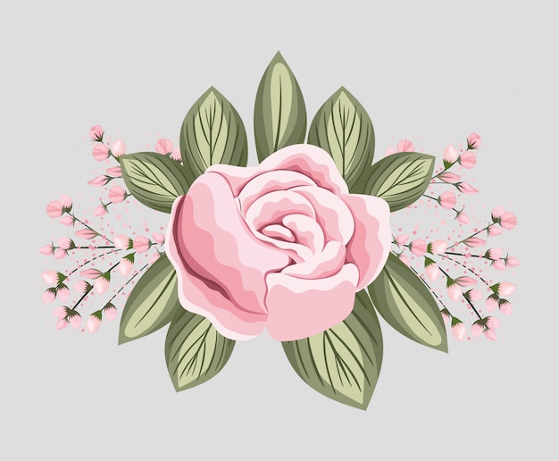 Vetor flor de rosa rosa com folhas, desenho de pintura, decoração de jardim de ornamento de planta floral natural