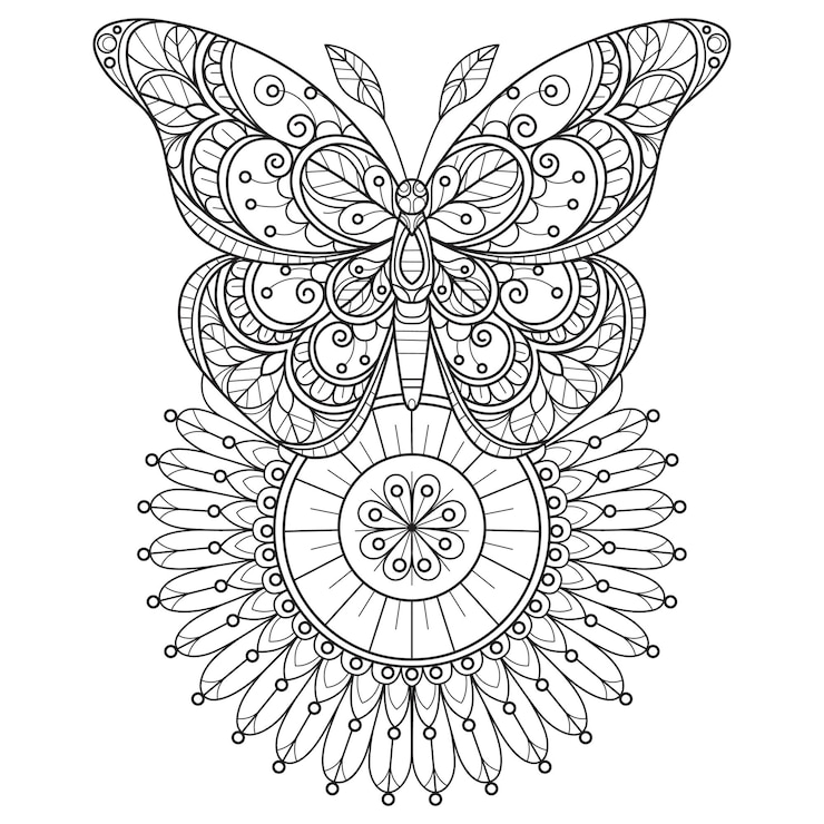 Vetor flor de sol e borboleta desenhadas à mão para livro de colorir para adultos