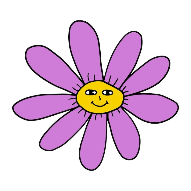 Flor do smiley groovy com impressão retrô da flor da margarida de sorriso positiva do hippie dos anos 70.