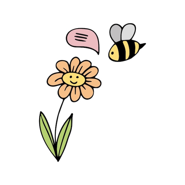 Flor e abelha de clipart de vetor fofo. obrigada. ilustração de doodle desenhado à mão - amizade