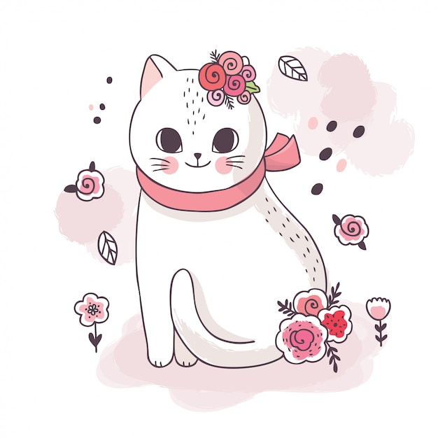 Flor e gato branco adorável bonito dos desenhos animados